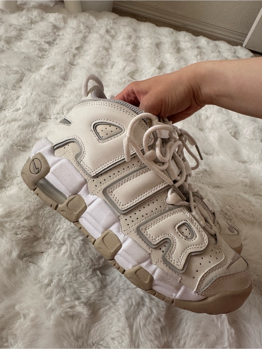 Nikee White and Tan Air More Uptempo Sneakers - Picture 3 of 5